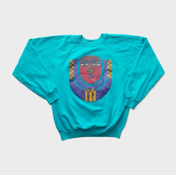 Vintage 90s Hanes Teal Crewneck Art Sweater Medium - Picture 1 of 7